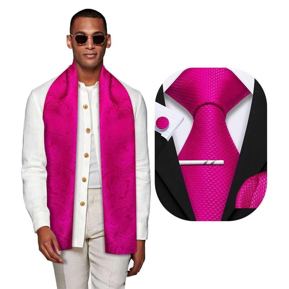 2670 Scarf and Tie with Tie Clip Set Plaid Hot Pink Silk Necktie Pocket